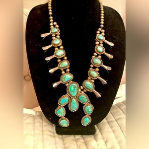 Antique real Navaho Squash blossom turquoise necklace signed